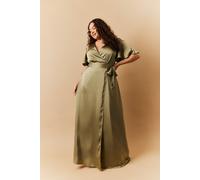 Satin Wrap Tie Angel Sleeve Maxi Dress In The Style Green 14
