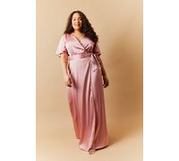 Satin Wrap Tie Angel Sleeve Maxi Dress In The Style Pink 24