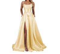 Satin Yellow Bridesmaid Dresses for Women with Slit Pleated Spaghetti Strap Long Prom Ball Gown UK12