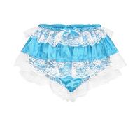 Satini Frilly Lace Sissy Ruffled French Knickers Briefs Lingerie Silky Satin Underwear Panties (Aqua Blue, XL)