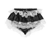 Satini Frilly Lace Sissy Ruffled French Knickers Briefs Lingerie Silky Satin Underwear Panties (Black, M)