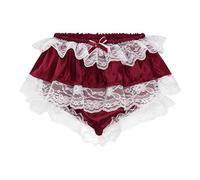 Satini Frilly Lace Sissy Ruffled French Knickers Briefs Lingerie Silky Satin Underwear Panties (Wine Red, XL)