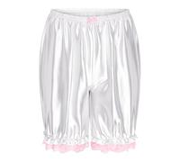 Satini Frilly Lace Sissy Ruffled Victorian Lolita Bloomer Shorts Silky Satin Pumpkin Pantaloon Pettipants (White, S)