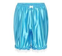 Satini Frilly Lace Sissy Ruffled Victorian Lolita Bloomer Shorts Silky Satin Pumpkin Pantaloon Pettipants (Aqua Blue, M)