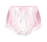 Satini Frilly Lace Sissy Silky Satin Full Coverage Adult Diaper Cover Briefs Lingerie Underwear Panties (Baby Pink - White, S)
