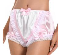 Satini Frilly Lace Sissy Silky Satin Full Coverage Adult Diaper Cover Briefs Lingerie Underwear Panties (Baby Pink - White, M)