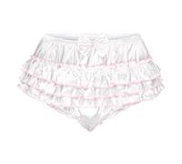 Satini Frilly Sissy Ruffled French Knickers Briefs Lingerie Silky Satin Underwear Panties (White, M)