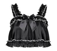 Satini Lingerie Satin Sissy Rolled Hem Edge Frilly Cami Top (Black, M)