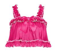 Satini Lingerie Satin Sissy Rolled Hem Edge Frilly Cami Top (Hot Pink, L)