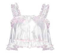 Satini Lingerie Satin Sissy Rolled Hem Edge Frilly Cami Top (White, XL)