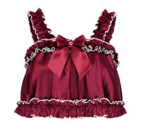 Satini Lingerie Satin Sissy Rolled Hem Edge Frilly Cami Top (Wine Red, L)