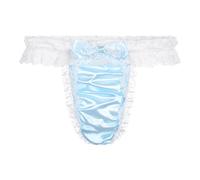Satini Men's Satin Frilly Sissy Thong Tanga Knickers Briefs Panties (Baby Blue - White, L)