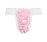 Satini Men's Satin Frilly Sissy Thong Tanga Knickers Briefs Panties (Baby Pink - White, XXL)