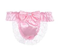 Satini Men's Satin Ruffle Bow Thong Sissy Knickers Briefs Jockstrap Panties (Baby Pink, XL)