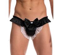 Satini Men's Satin Ruffle Bow Thong Sissy Knickers Briefs Jockstrap Panties (Black, M)