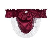 Satini Men's Satin Ruffle Bow Thong Sissy Knickers Briefs Jockstrap Panties (Wine Red, XL)