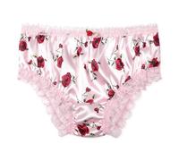 Satini Satin Frilly Lace Briefs, Baby Pink - Red Roses, S