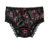 Satini Satin Frilly Lace Briefs, Black - Red Roses, L