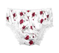 Satini Satin Frilly Lace Briefs, White - Red Roses, S