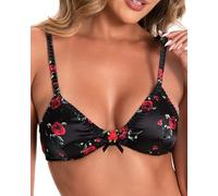 Satini Silky Satin Triangle Bralette, Black - Red Roses, XL