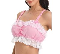 Satini Sissy Frilly Lace Fitted Chiffon Sheer Lingerie Bralette (Baby Pink, M)