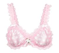 Satini Sissy Frilly Lace Fitted Satin Bralette (Baby Pink - Polka Dots, XXL)