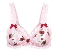 Satini Sissy Frilly Lace Fitted Satin Bralette (Baby Pink - Red Roses, L)