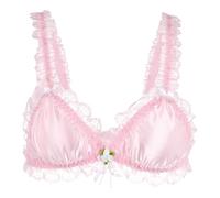 Satini Sissy Frilly Lace Fitted Satin Bralette (Baby Pink, XXL)