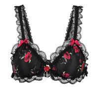 Satini Sissy Frilly Lace Fitted Satin Bralette (Black - Red Roses, L)