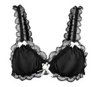Satini Sissy Frilly Lace Fitted Satin Bralette (Black, XXL)
