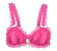 Satini Sissy Frilly Lace Fitted Satin Bralette (Hot Pink, L)