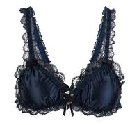 Satini Sissy Frilly Lace Fitted Satin Bralette (Midnight Blue, XXL)