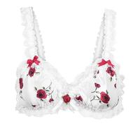 Satini Sissy Frilly Lace Fitted Satin Bralette (White - Red Roses, XXL)