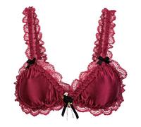 Satini Sissy Frilly Lace Fitted Satin Bralette (Wine Red, XL)