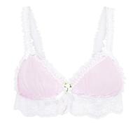 Satini Sissy Frilly Lace Fitted Sheer Bralette (Baby Pink - White, M)