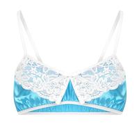 Satini Sissy Frilly Lace Fitted Silky Satin Lingerie Bralette (Aqua Blue, M)