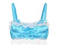 Satini Sissy Frilly Lace Fitted Silky Satin Lingerie Bralette (Aqua Blue, M)