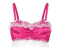 Satini Sissy Frilly Lace Fitted Silky Satin Lingerie Bralette (Hot Pink, L)