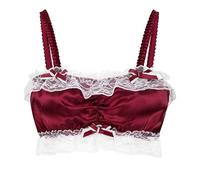 Satini Sissy Frilly Lace Fitted Silky Satin Lingerie Bralette (Wine Red, M)
