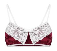 Satini Sissy Frilly Lace Fitted Silky Satin Lingerie Bralette (Wine Red, XL)