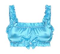 Satini Sissy Frilly Ruffled Fitted Silky Satin Lingerie Bralette (Aqua Blue, L)