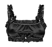 Satini Sissy Frilly Ruffled Fitted Silky Satin Lingerie Bralette (Black, XXL)