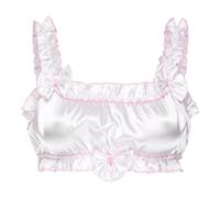 Satini Sissy Frilly Ruffled Fitted Silky Satin Lingerie Bralette (White, M)