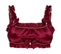 Satini Sissy Frilly Ruffled Fitted Silky Satin Lingerie Bralette (Wine Red, M)