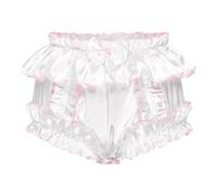 Satini Sissy Frilly Ruffled Silky Satin Full Coverage Adult Diaper Cover Briefs Lingerie Underwear Panties (White, L)