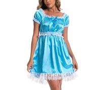 Satini Sissy Satin Lacy Maid Nightdress, Aqua Blue, L