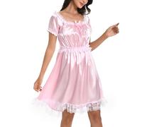 Satini Sissy Satin Lacy Maid Nightdress, Baby Pink, XXL