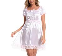 Satini Sissy Satin Lacy Maid Nightdress, White, M