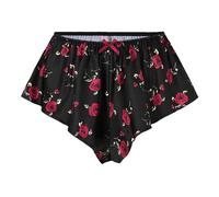 Satini Women's Satin Fluted French Skirt Shorts Knickers Briefs Panties (Black - Red Roses, L)