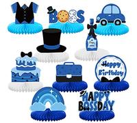 SATINIOR 10 Pcs Boy Table Centerpieces Boss Party Decorations Happy Birthday Boys Leader Blue Honeycomb Centerpieces Boss Cake Topper for Shower Newborn Day Party Supplies